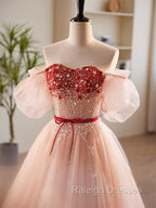 A Line Sweetheart Neck Sequin Tulle Pink Long Prom Dress, Pink Formal Dress