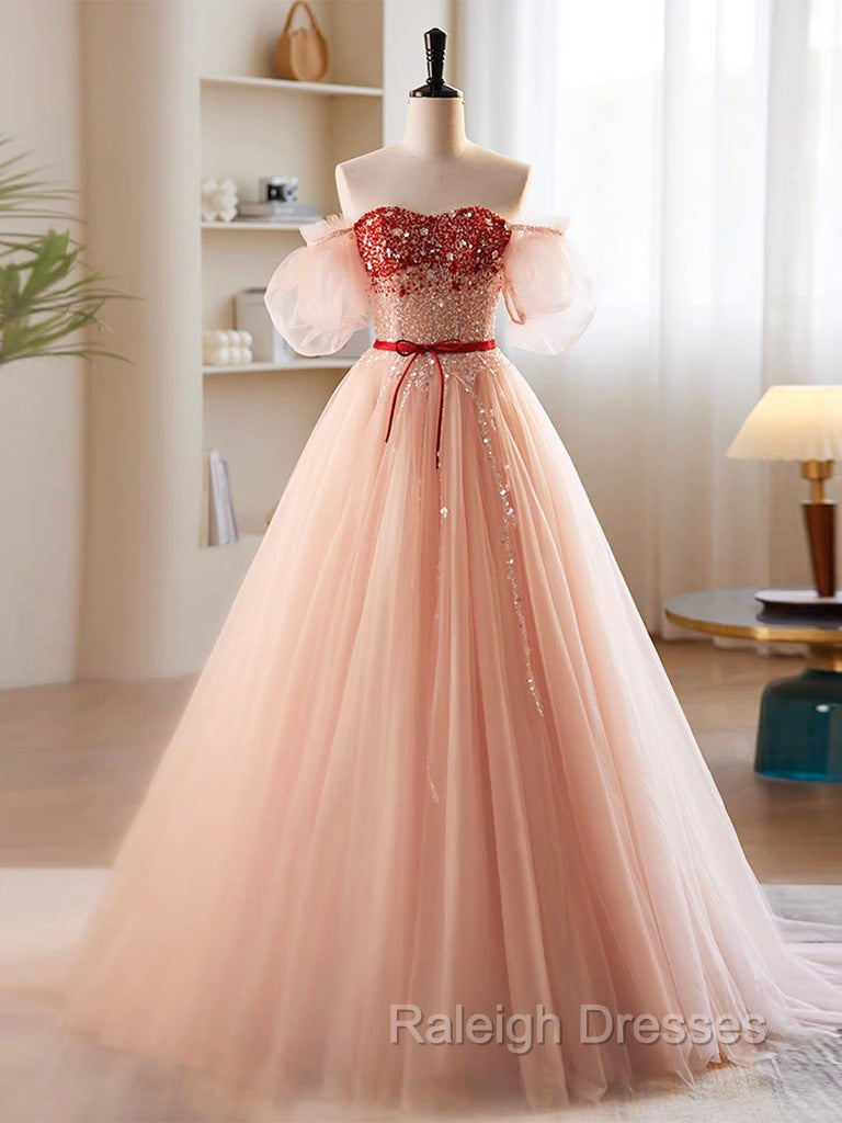 A Line Sweetheart Neck Sequin Tulle Pink Long Prom Dress, Pink Formal Dress Main image
