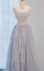 A-Line Sweetheart Neck Sequined Tulle Prom Dresses Long Birthday Dresses Graduation Prom Dresses