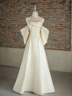 A-Line Sweetheart Neck Sweep Train Satin Ivory Long Formal Prom Dress