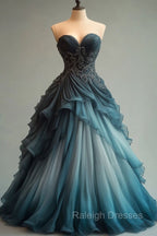 A-Line Sweetheart Neck Tulle Beaded Long Ball Gown Elegant Evening Dress