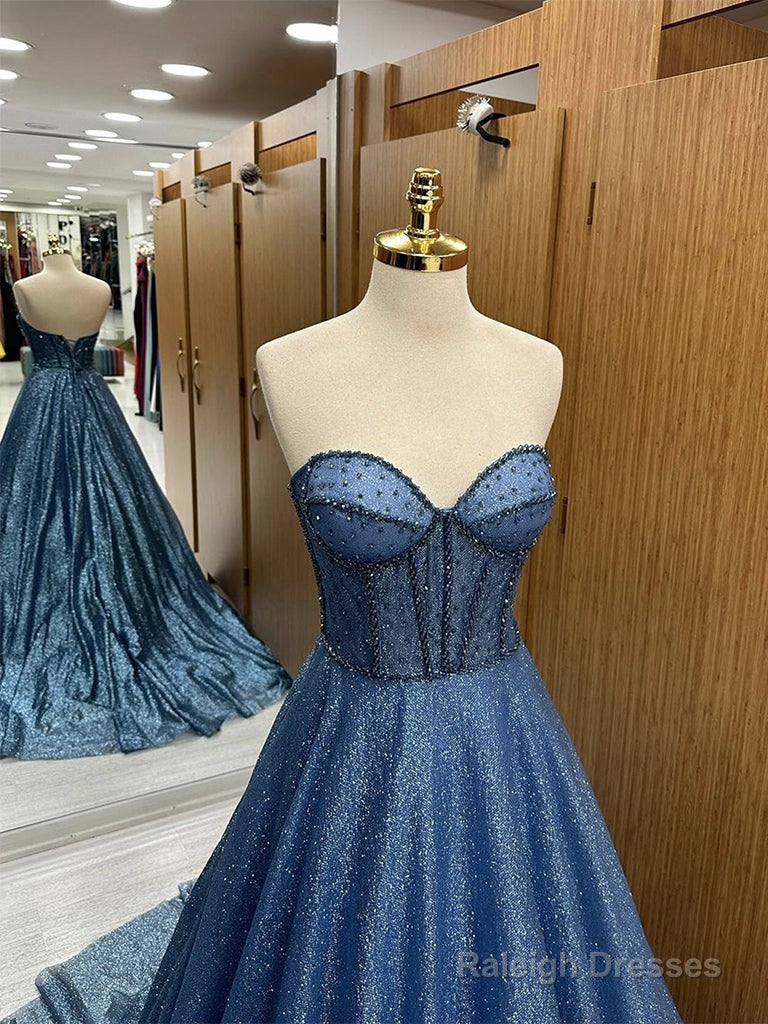 A-Line Sweetheart Neck Tulle Beads Blue Long Prom Dress, Blue Long Formal Dress Secondary image