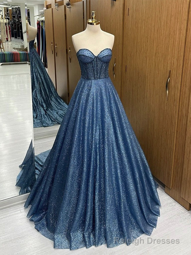 A-Line Sweetheart Neck Tulle Beads Blue Long Prom Dress, Blue Long Formal Dress Main image