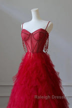 A-Line Sweetheart Neck Tulle Beads Burgundy Long Prom Dress