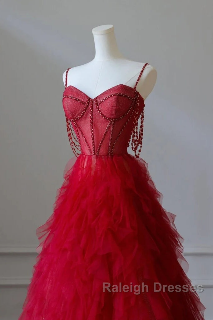 A-Line Sweetheart Neck Tulle Beads Burgundy Long Prom Dress