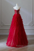 A-Line Sweetheart Neck Tulle Beads Burgundy Long Prom Dress