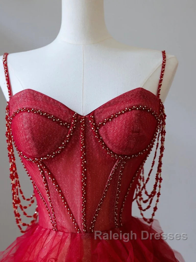 A-Line Sweetheart Neck Tulle Beads Burgundy Long Prom Dress