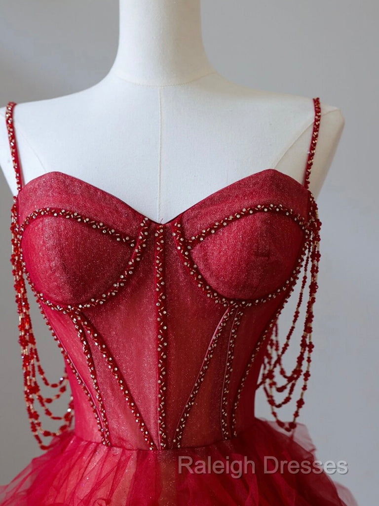 A-Line Sweetheart Neck Tulle Beads Burgundy Long Prom Dress, Burgundy Evening Dress