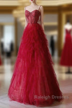 A-Line Sweetheart Neck Tulle Beads Burgundy Long Prom Dress