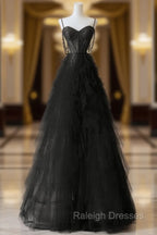 A-Line Sweetheart Neck Tulle Black Long Prom Dress, Black Long Graduation Dress with Beads
