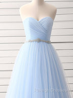 A Line Sweetheart Neck Tulle Blue Long Prom Dress, Blue Long Bridesmaid Dress