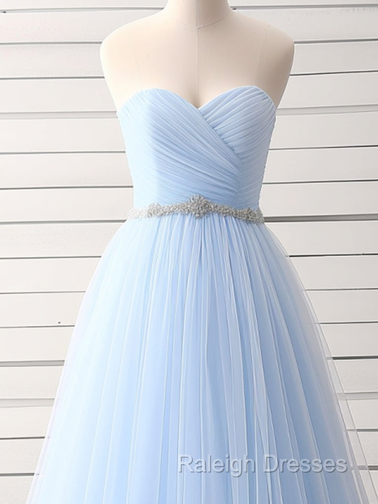 A Line Sweetheart Neck Tulle Blue Long Prom Dress, Blue Long Bridesmaid Dress