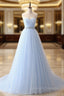 A-Line Sweetheart Neck Tulle Blue Long Prom Dress, Blue Long Bridesmaid Dress