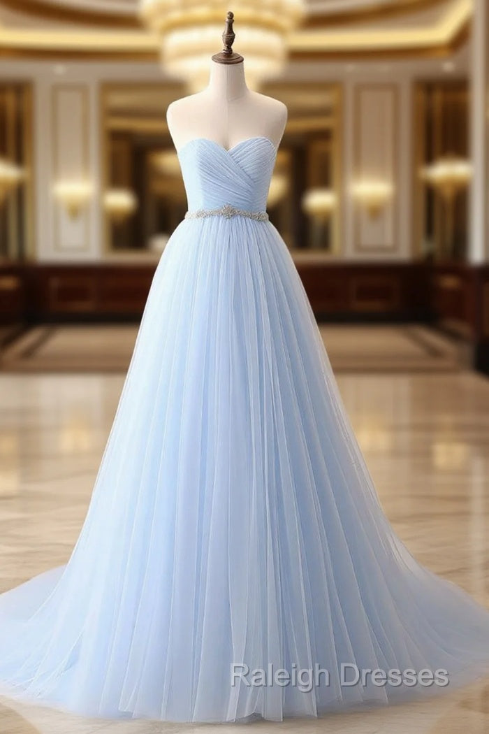 A Line Sweetheart Neck Tulle Blue Long Prom Dress, Blue Long Bridesmaid Dress Main image