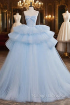 A-Line Sweetheart Neck Tulle Blue Long Prom Dress, Blue Long Evening Gown