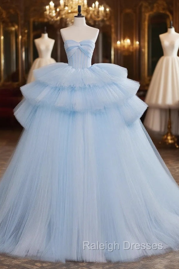 A-Line Sweetheart Neck Tulle Blue Long Prom Dress, Blue Long Evening Gown