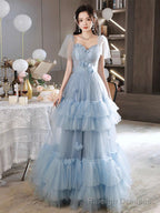A-Line Sweetheart Neck Tulle Blue Long Prom Dress, Blue Long Formal Dress