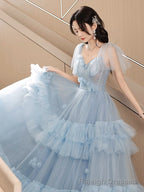 A-Line Sweetheart Neck Tulle Blue Long Prom Dress, Blue Long Formal Dress