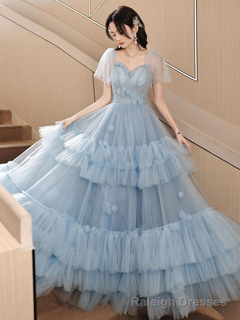 A-Line Sweetheart Neck Tulle Blue Long Prom Dress, Blue Long Formal Dress Main image