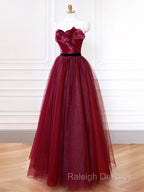 A-Line Sweetheart Neck Tulle Burgundy Long Prom Dress, Burgundy Long Formal Dress