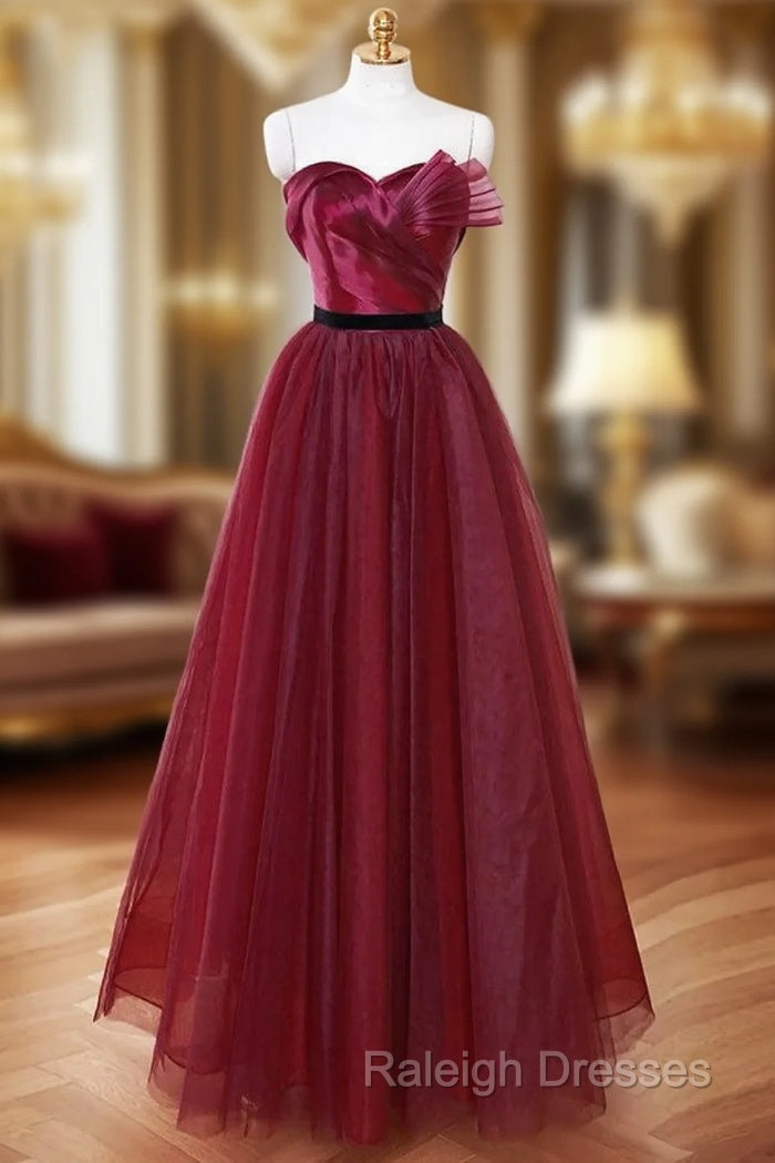 A-Line Sweetheart Neck Tulle Burgundy Long Prom Dress, Burgundy Long Formal Dress