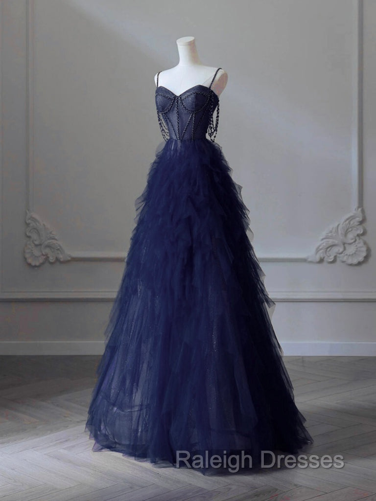 A-Line Sweetheart Neck Tulle Dark Blue Long Prom Dress, Dark Blue Long Graduation Dress with Beads Secondary image
