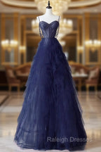 A-Line Sweetheart Neck Tulle Dark Blue Long Prom Dress, Dark Blue Long Graduation Dress with Beads