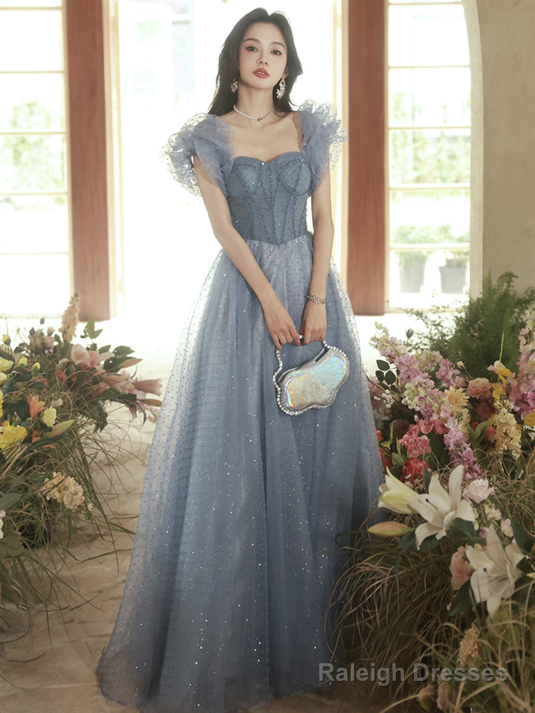 A-Line Sweetheart Neck Tulle Gray Blue Long Prom Dress, Gray Blue Formal Dress Secondary image