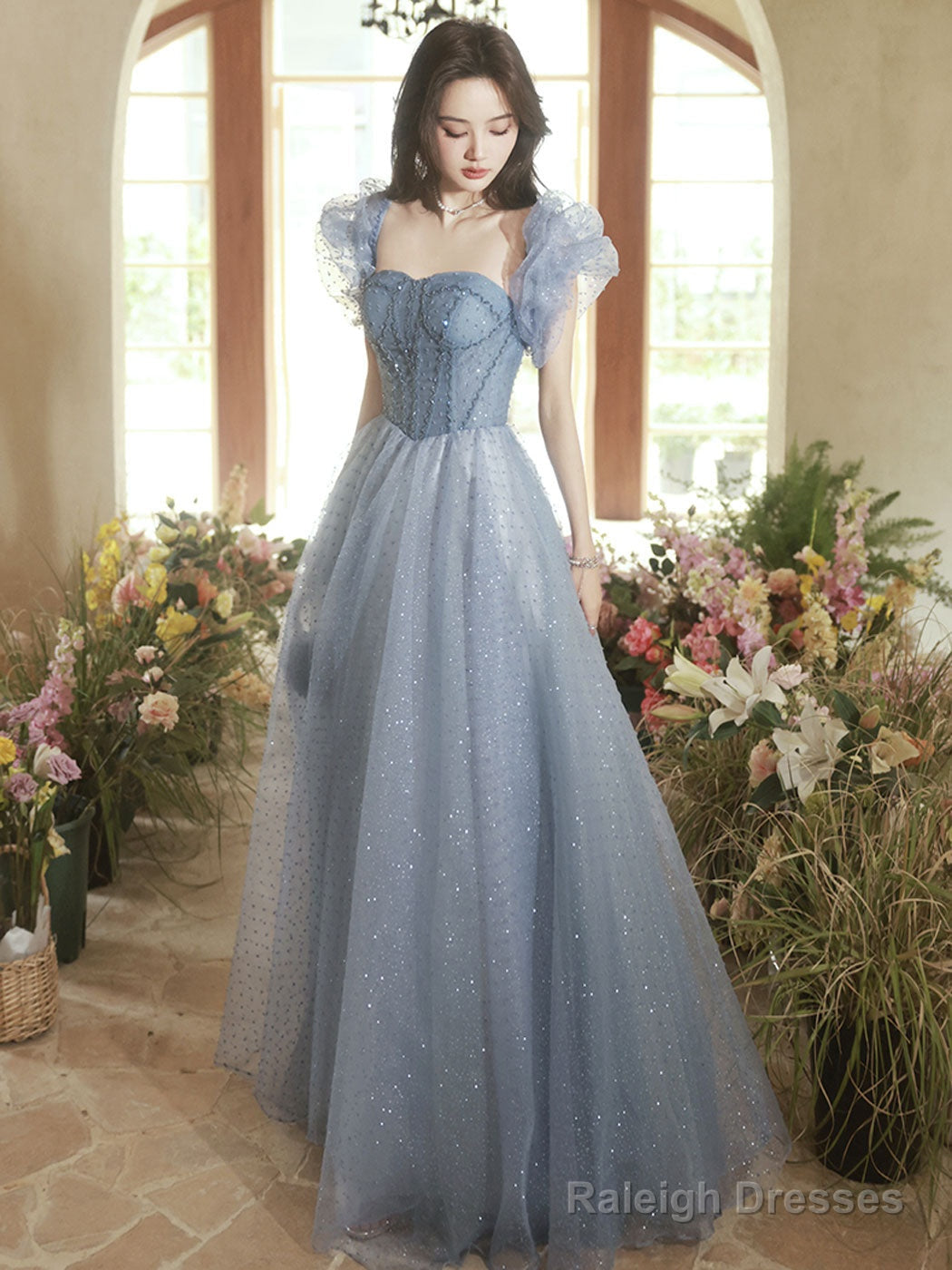 A-Line Sweetheart Neck Tulle Gray Blue Long Prom Dress, Gray Blue Formal Dress Main image