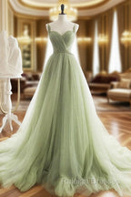 A-Line Sweetheart Neck Tulle Green Long Prom Dress, Green Long Formal Dress