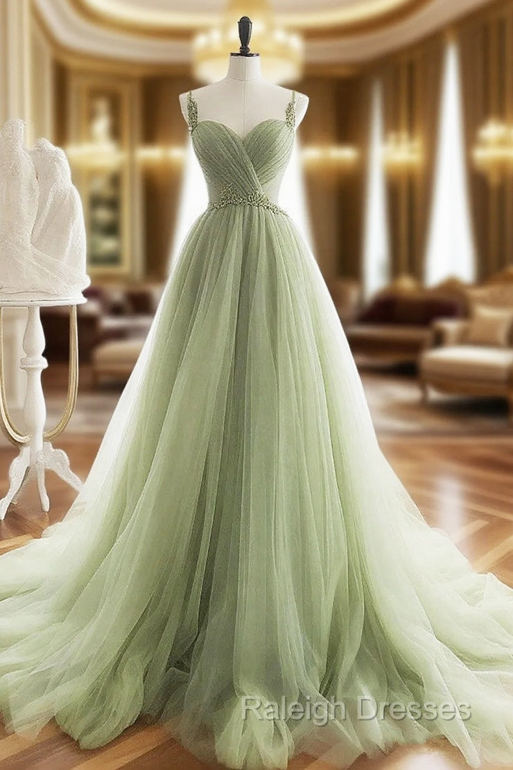 A-Line Sweetheart Neck Tulle Green Long Prom Dress, Green Long Formal Dress