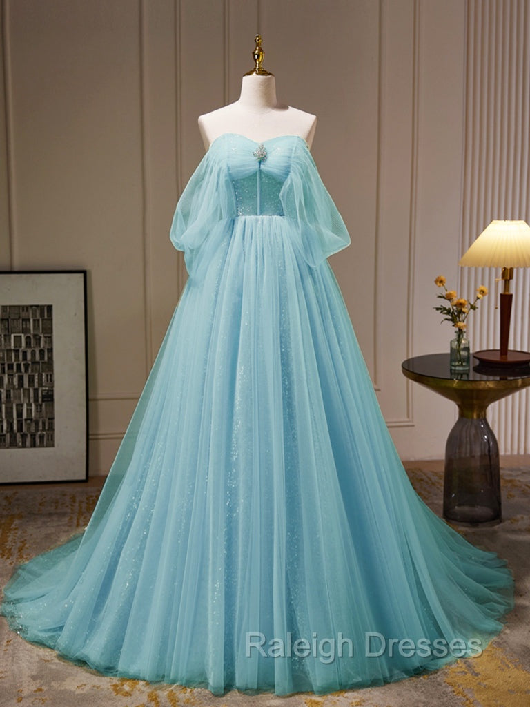 A Line Sweetheart Neck Tulle Green Long Prom Dress, Green Tulle Long Prom Dress