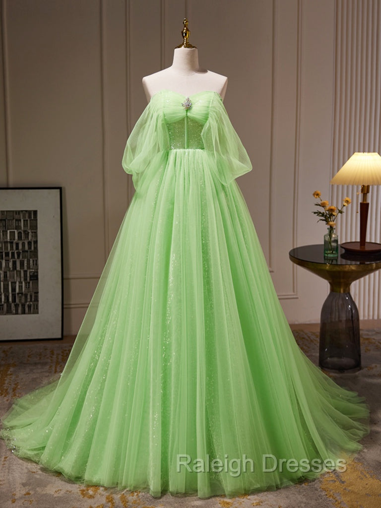 A-Line Sweetheart Neck Tulle Green Long Prom Dress, Green Tulle Long Evening Dress Main image