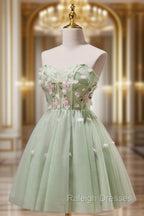 A- Line Sweetheart Neck Tulle Green Short Prom Dress, Green Homecoming Dresses