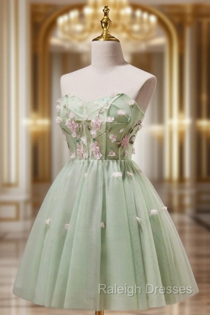 A- Line Sweetheart Neck Tulle Green Short Prom Dresses Green Homecoming Dress
