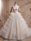 A-Line Sweetheart Neck Tulle Lace Applique Beige Long Formal Prom Dress With Beads
