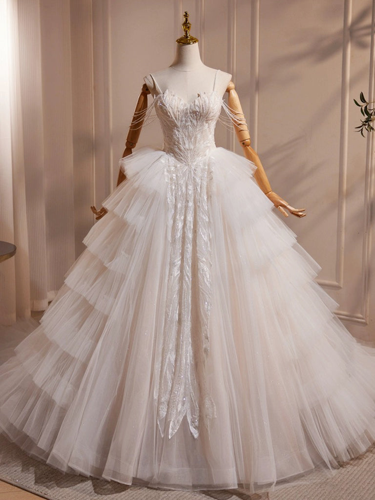 A-Line Sweetheart Neck Tulle Lace Applique Beige Long Formal Prom Dress With Beads Main image