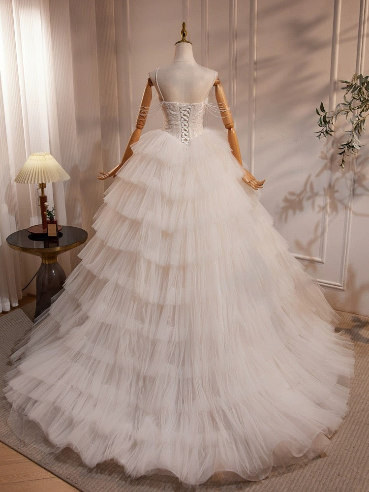 A-Line Sweetheart Neck Tulle Lace Applique Beige Long Formal Prom Dress With Beads Secondary image
