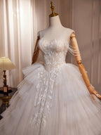 A-Line Sweetheart Neck Tulle Lace Applique Beige Long Formal Prom Dress With Beads