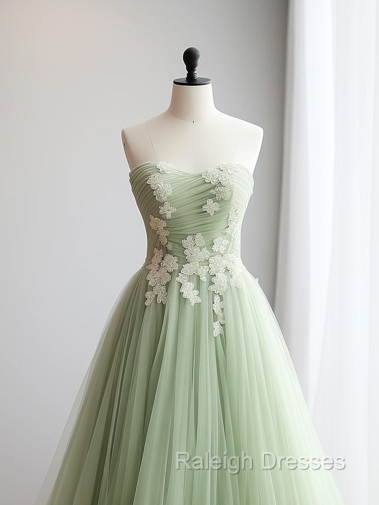 A-Line Sweetheart Neck Tulle Lace Applique Green Long Prom Dress Formal Dress Off Shoulder Secondary image