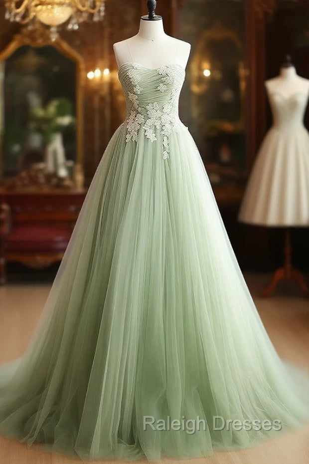 A-Line Sweetheart Neck Tulle Lace Applique Green Long Prom Dress Formal Dress Off Shoulder Main image