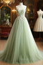 A-Line Sweetheart Neck Tulle Lace Applique Green Long Prom Dress Formal Dress Off Shoulder