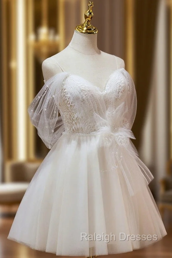 A Line Sweetheart Neck Tulle Lace Beige Short Prom Dress,  Puffy Cute Homecoming Dress Main image