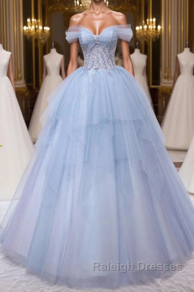 A-Line Sweetheart Neck Tulle Lace Blue Long Prom Dress, Blue Formal Evening Dress Main image