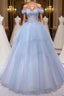A-Line Sweetheart Neck Tulle Lace Blue Long Prom Dress, Blue Formal Evening Dress