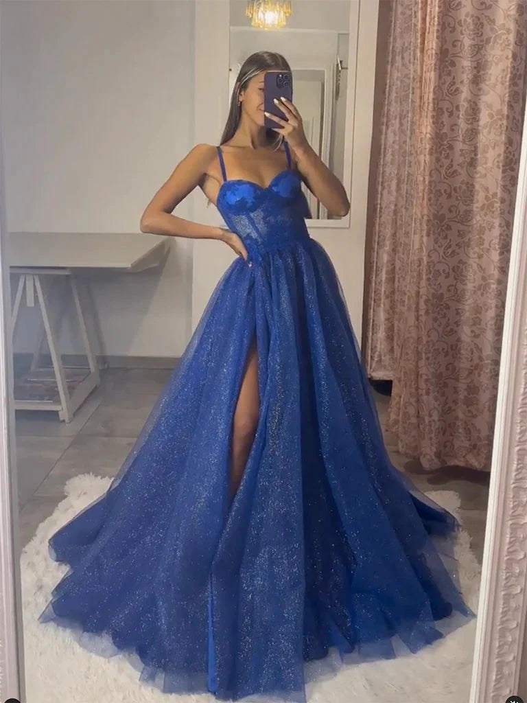 A-Line Sweetheart Neckline Tulle Lace Blue Long Ball Gown Women'S Formal Evening Dress Main image