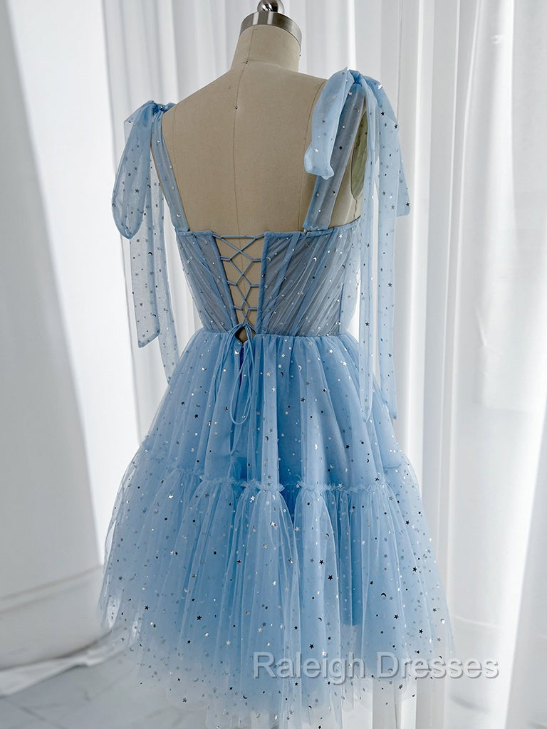 A-Line Sweetheart Neck Tulle Lace Blue Short Prom Dress, Blue Homecoming Dress Secondary image