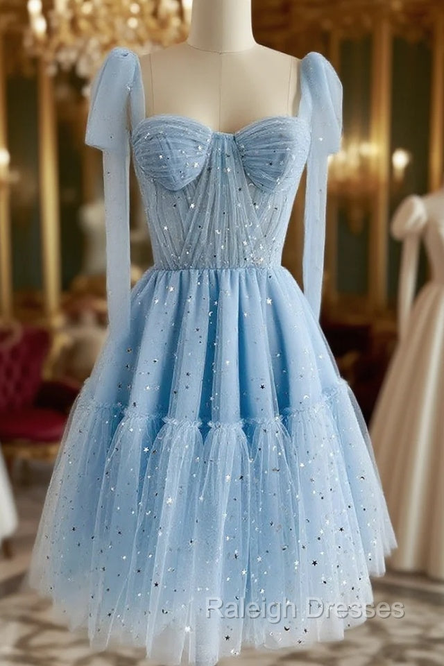 A-Line Sweetheart Neck Tulle Lace Blue Short Prom Dress, Blue Homecoming Dress Main image