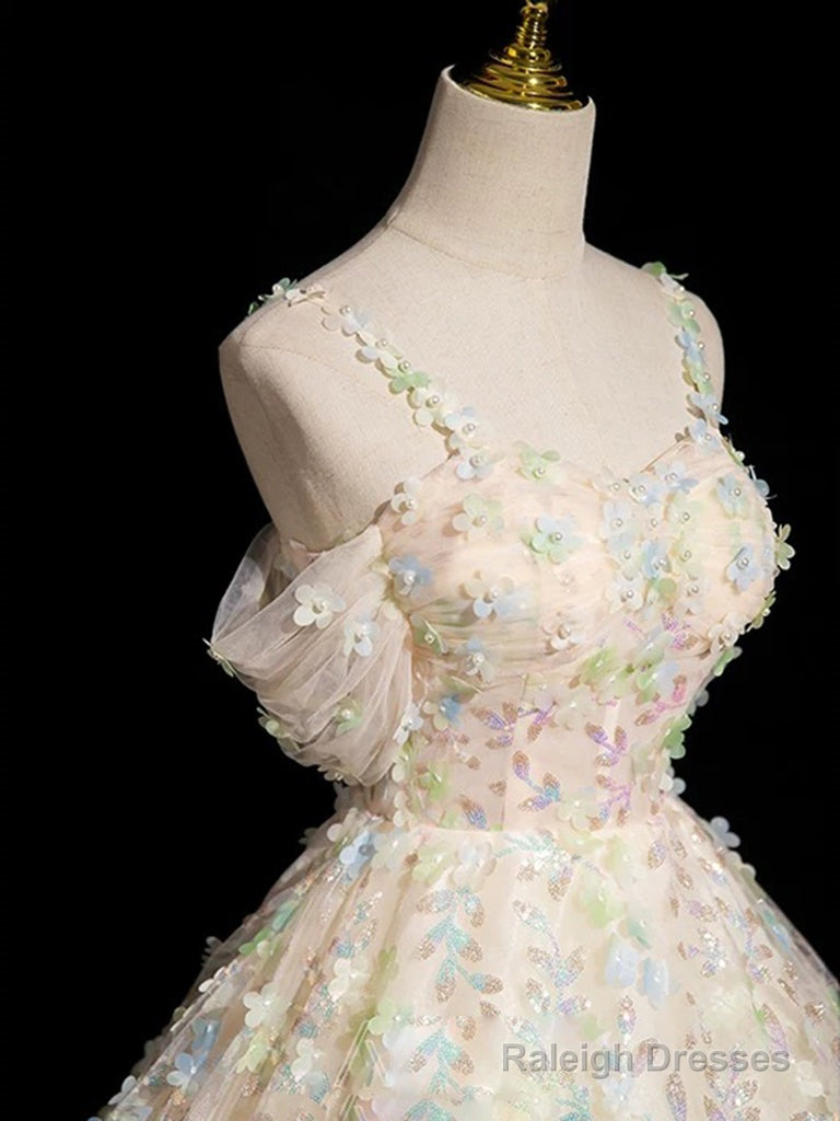 A-Line Sweetheart Neck Tulle Lace Champagne Long Prom Dress Secondary image