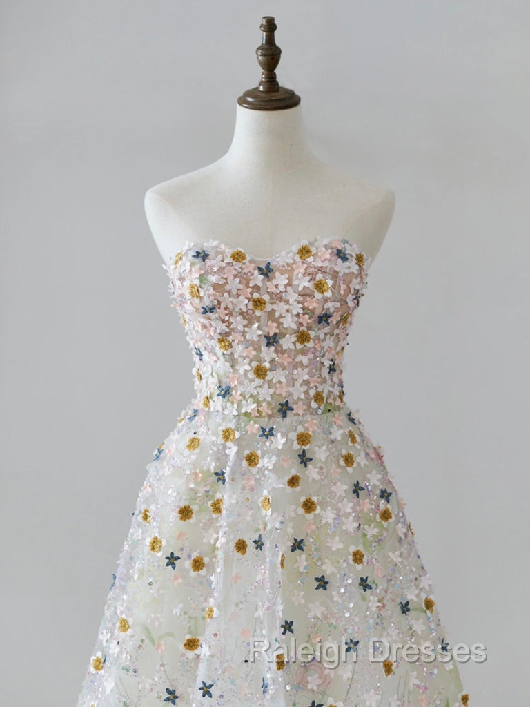 A Line Sweetheart Neck Tulle Lace Flower Beige Long Prom Dress, Beige Long Formal Dress